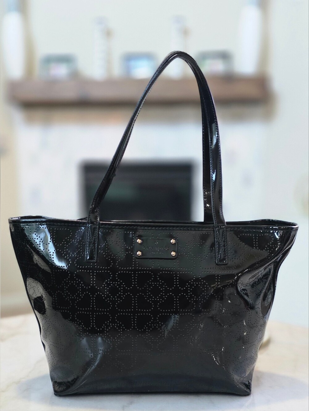 Kate Spade Small Harmony Metro Spade Tote Black Perforated Patent